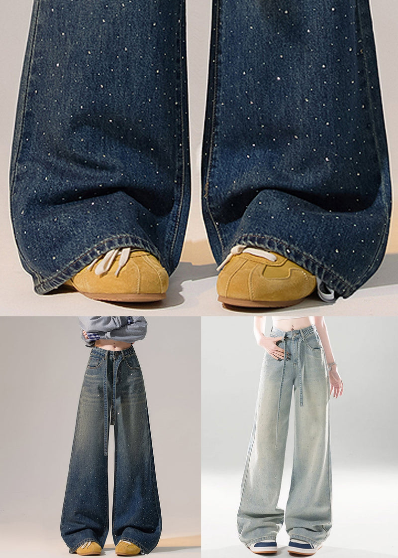 Modern Blue Gradient Color Zircon Lace Up Denim Wide Leg Pants Spring