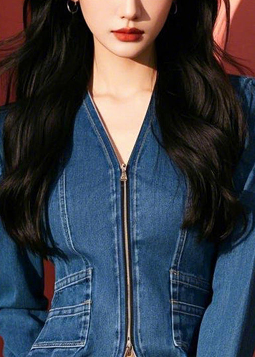 Blue V Neck Zip Up Slim Fit Denim Top Fall