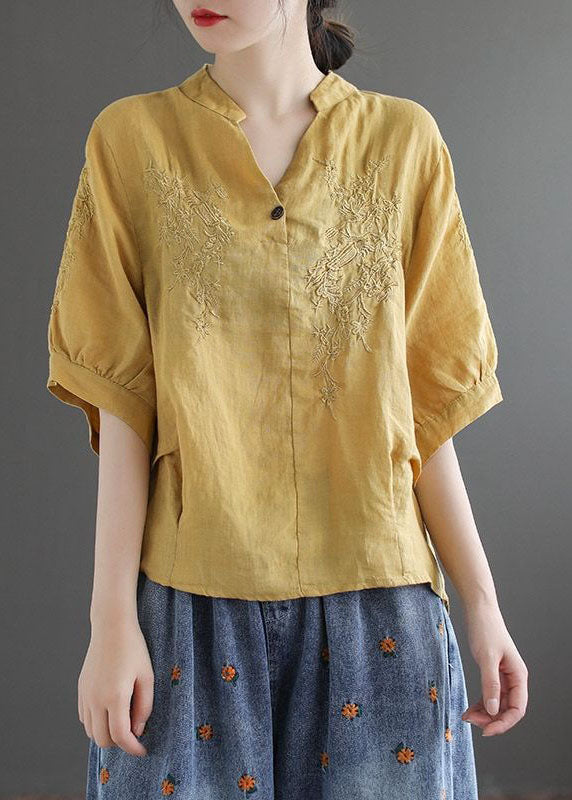 Chocolate V Neck Embroideried Wrinkled Linen Blouse Top Lantern Sleeve