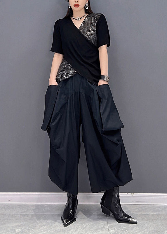 Art Black V Neck Sequins Patchwork Tanks and Wide Leg Pants Two Piece Set Summer