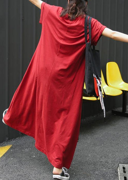 Italian Red Tunic Dress O Neck Large Hem Long Summer Dress