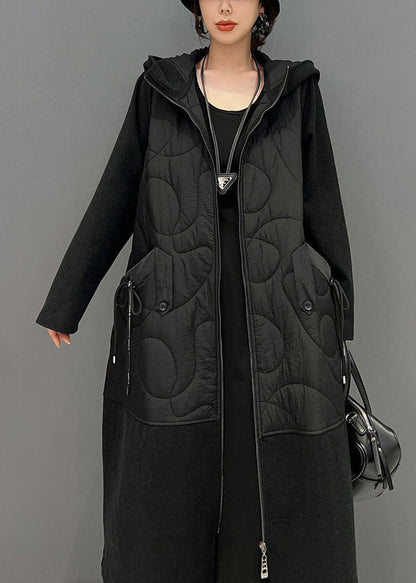 Black Hooded Pockets Patchwork Fine Cotton Filled Witner Coats