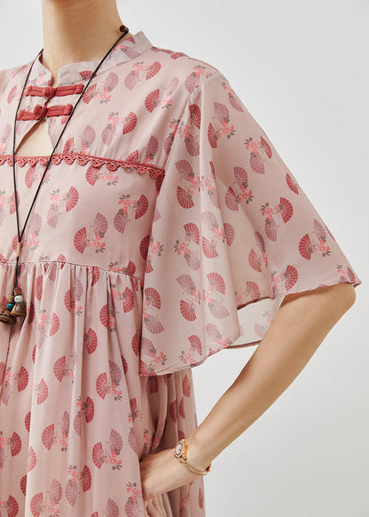 Pink Chinese Button Print Chiffon Dress Summer