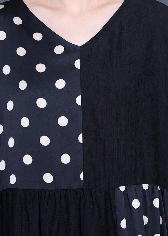 Fitted Black Patchwork Dot V Neck Silk Ankle Dress Summer