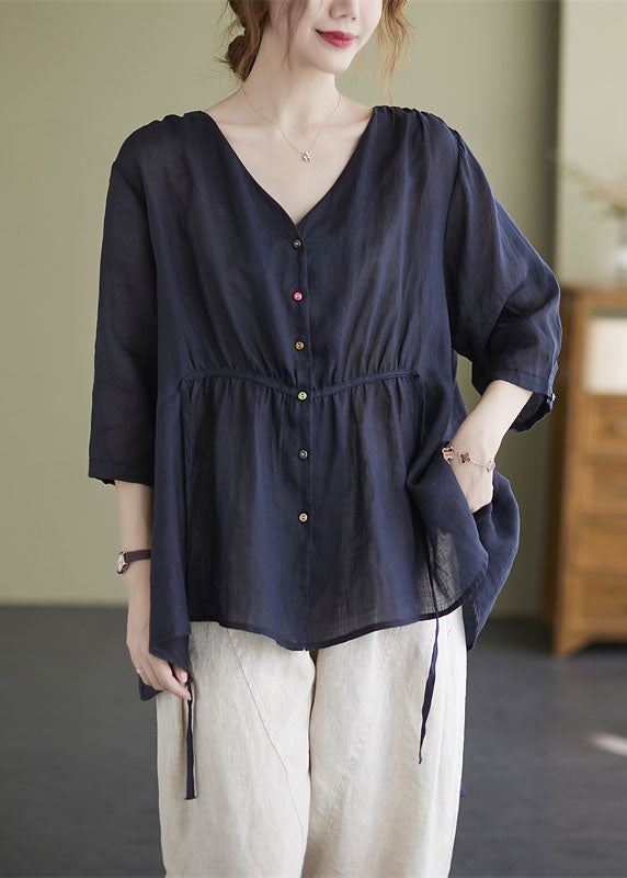 Navy Loose Button Tie Waist Asymmetrical Design Fall Three Quarter Sleeve Shirt Top
