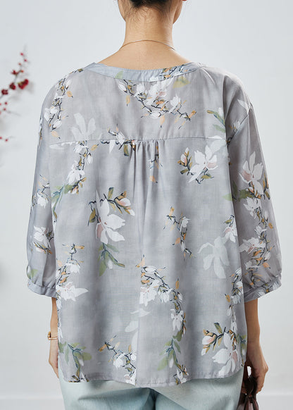 Grey O-neck Print Linen Blouses Half Sleeve