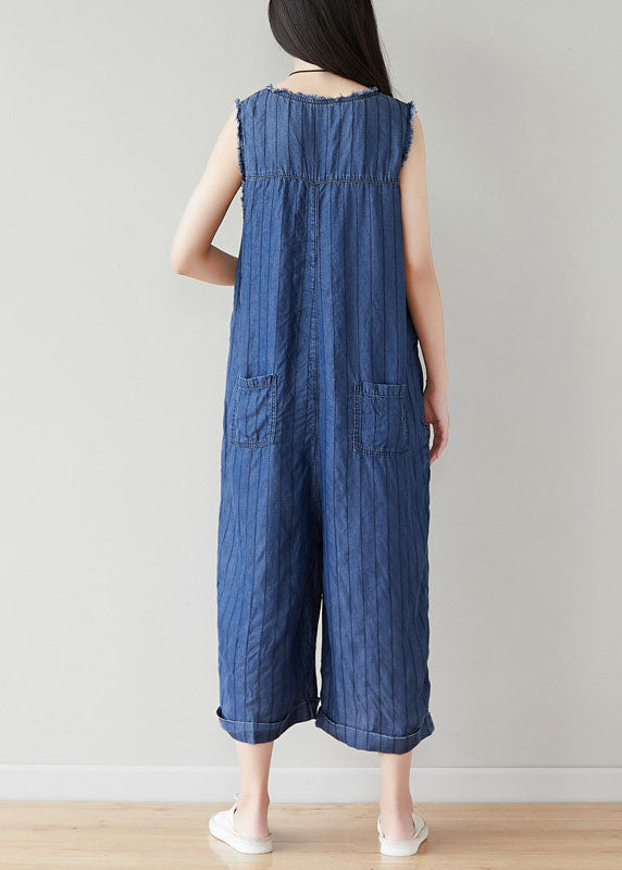 Classy Navy O-neck Striped Cotton Jumpsuits Wide Leg Pants Sleeveless