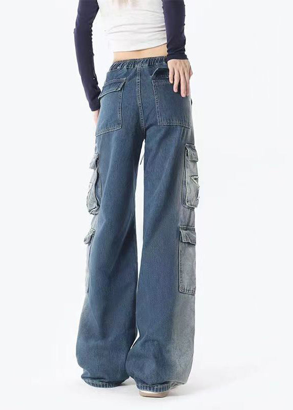 Blue Gradient Pockets Drawstring Elastic Waist Denim Pants Spring