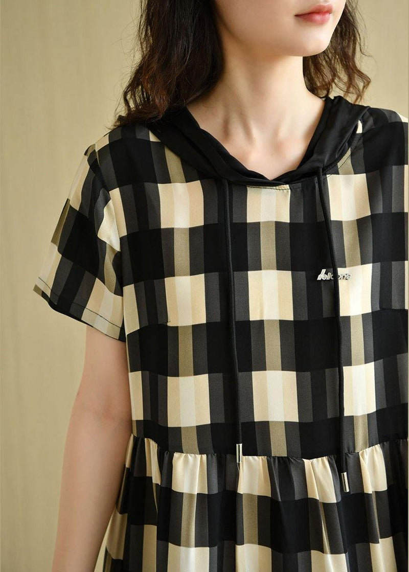 Black Plaid Hooded Patchwork Summer Cotton Dresses