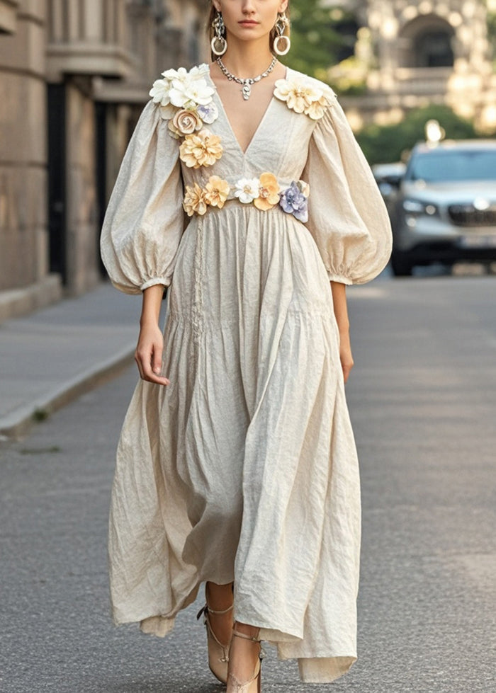 Unique Apricot V Neck Three-dimensional Cotton Dress Fall