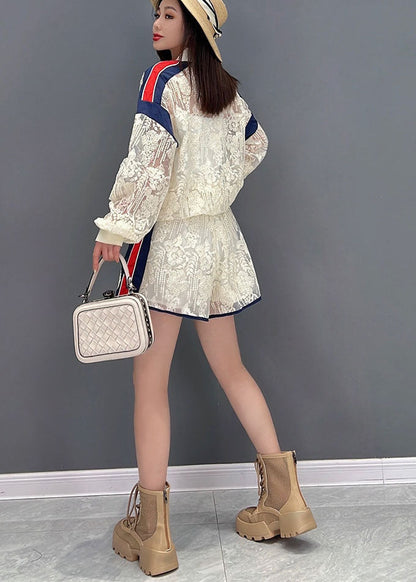 French White Zippered Patchwork Lace Upf 50+ Coat Jacket and Shorts Two-piece Set Summer