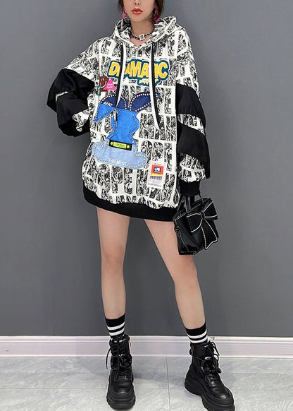 White Alphabet Print Nail Bead Hooded Sweatshirts Long Sleeve