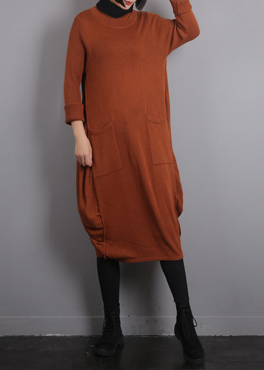 Orange O-neck Knit Cotton Thread Sweater Dress Fall
