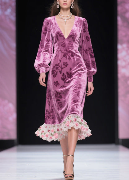 Purple Tulle Patchwork Silk Velvet Dress V Neck Spring