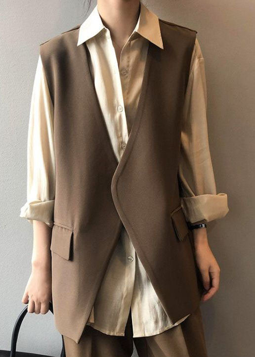 Chocolate Pockets Chiffon Vest Tops Back Side Open Color Sleeveless