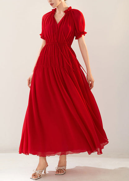 Red Ruffled Elastic Waist Chiffon Long Dresses Summer