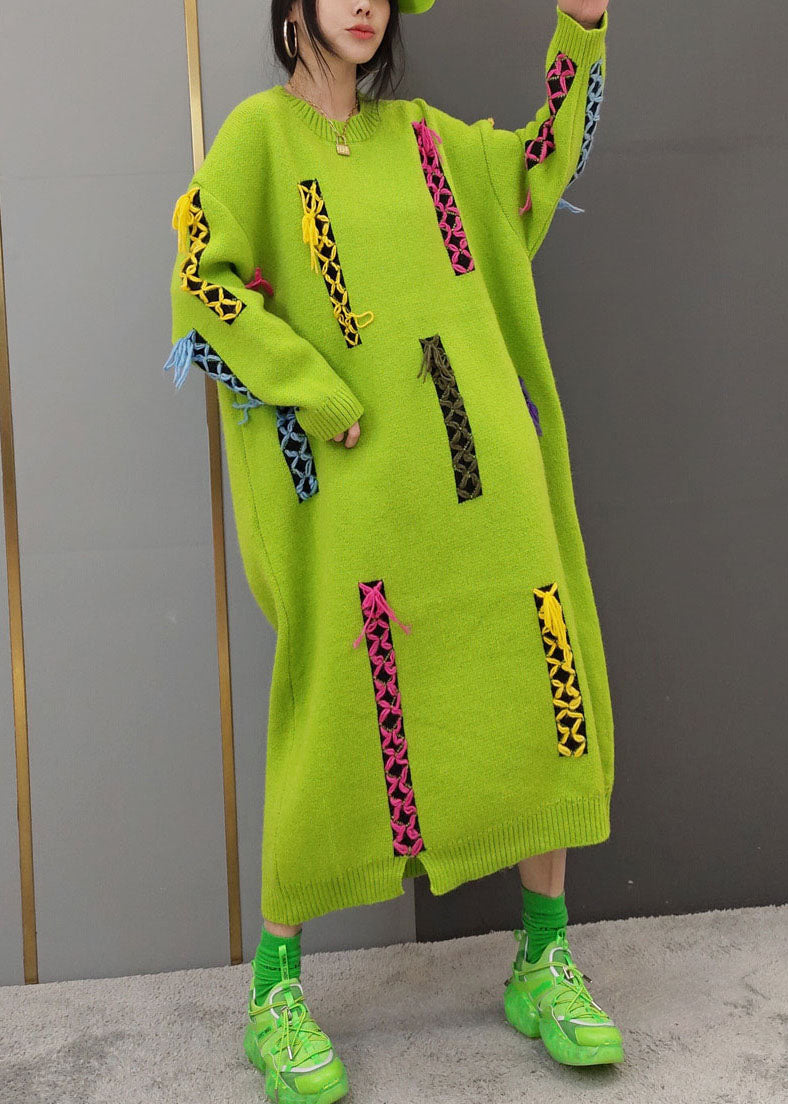 Yellow O-neck Patchwork Knit Long Dresses Long Sleeve