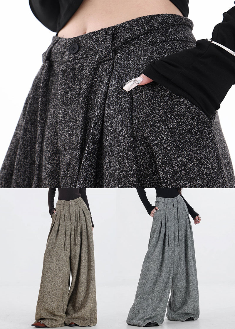 Black Lace Up Woolen Fall Wide Leg Pants High Waist
