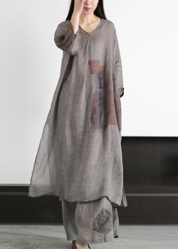 Grey V Neck Print Side Open Linen Dress and Wide Leg Pant Two Pieces Set Summer