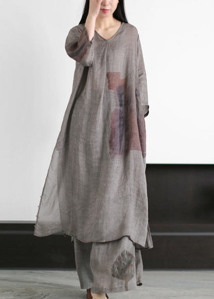 Grey V Neck Print Side Open Linen Dress and Wide Leg Pant Two Pieces Set Summer