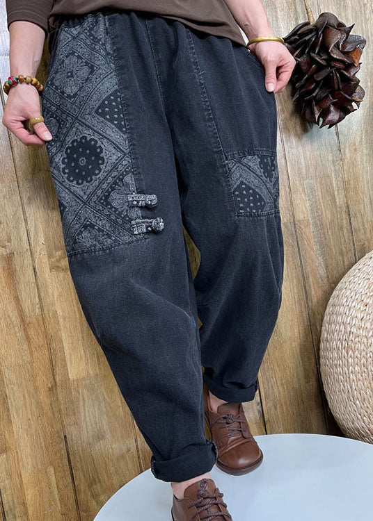 Style Black Button Patch Applique Denim Pants Spring