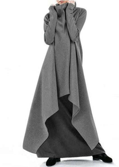 Style Grey Hign Neck Asymmetrical Design Cotton Dress Fall