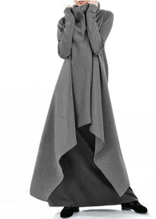 Style Grey Hign Neck Asymmetrical Design Cotton Dress Fall