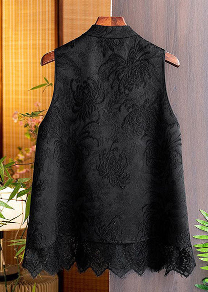 Black Tasseled Patchwork Lace Side Open Silk Vest Sleeveless