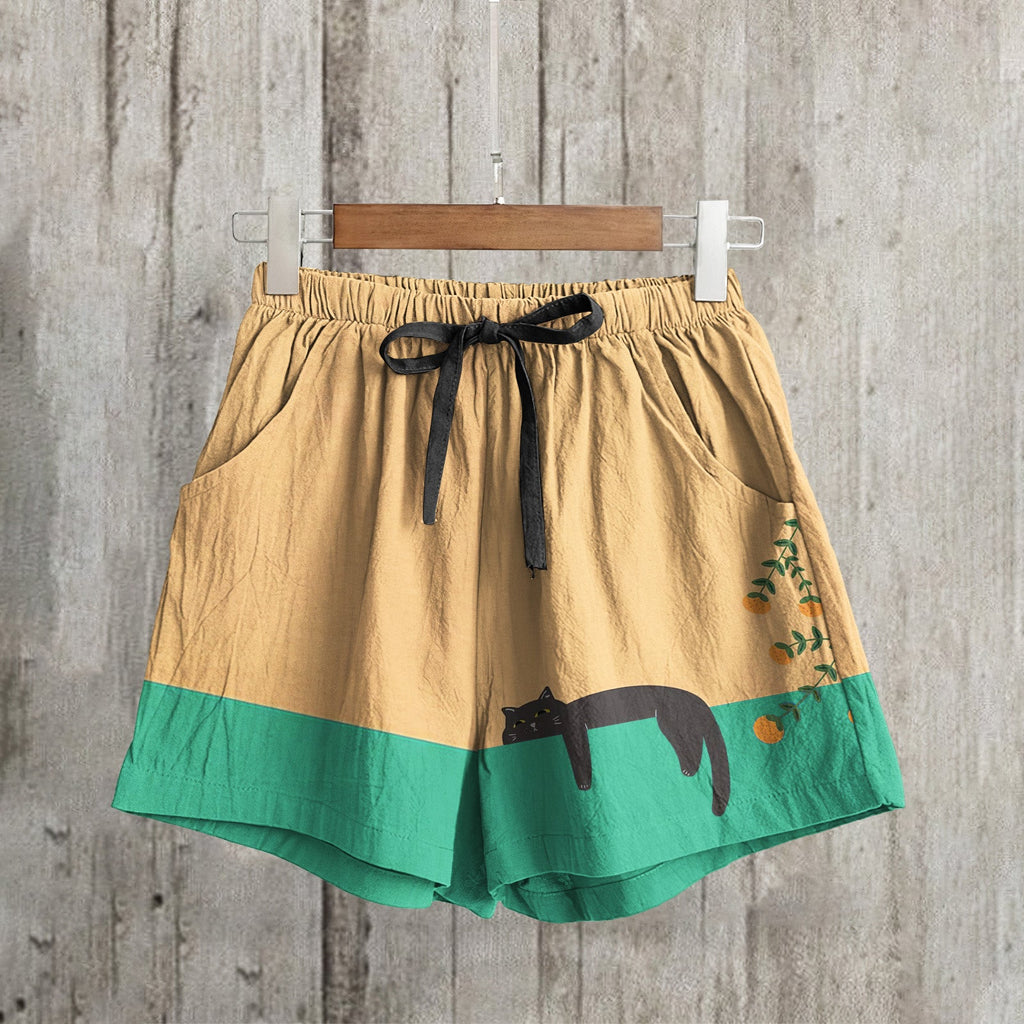 Abstract Creative Lazy Black Cat Painting Art Linen Shorts elevenforest