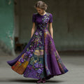Vintage Embroidered Pansy Floral Patchwork Plaid Short Sleeve Maxi Dress artswardrobe