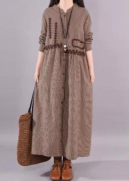 Coffee O Neck Plaid Patchwork Cotton Long Dress Fall