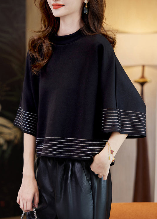 Black O-neck Striped Patchwork Tops Batwing Sleeve