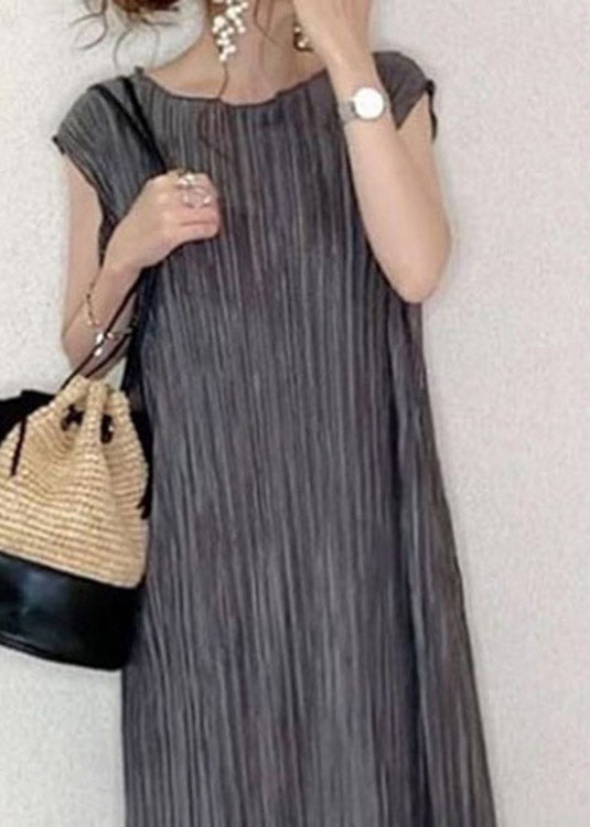 Grey O-neck Long Pleated Dress Summer
