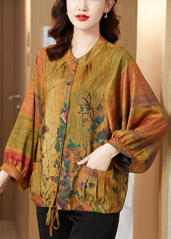 Yellow Drawstring Pockets Button Print Satin Coats Long Sleeve