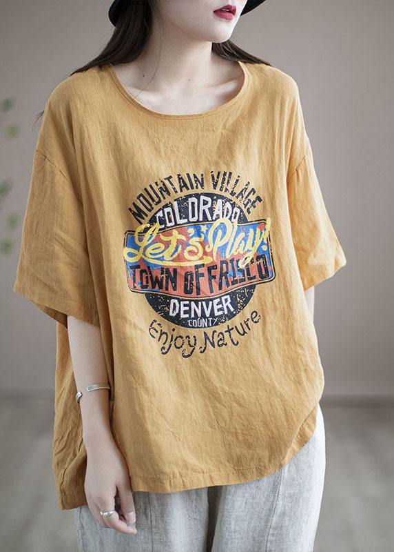 Loose Chocolate O-neck Graphic Linen T-shirt Half Sleeve