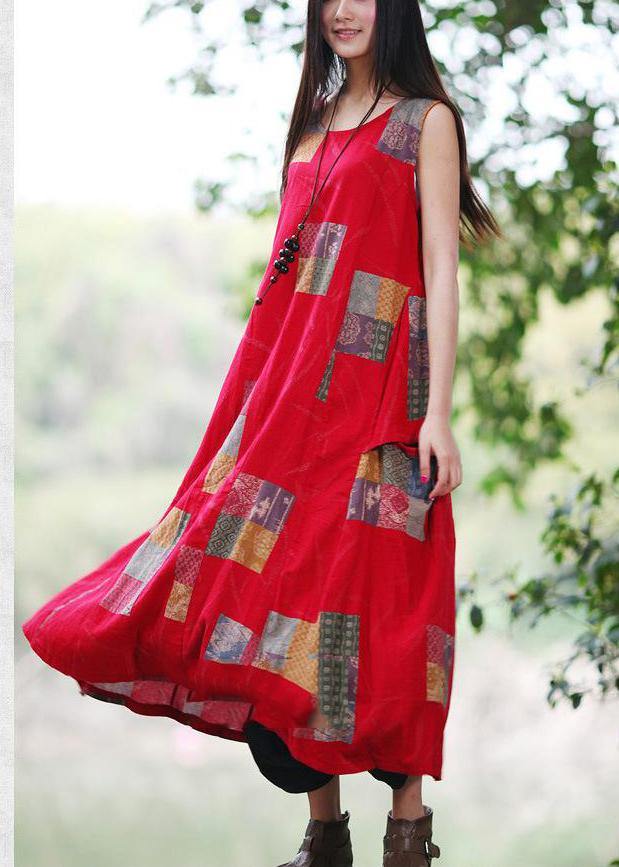 Red U Neck Dress Print Sleeveless Summer Dress