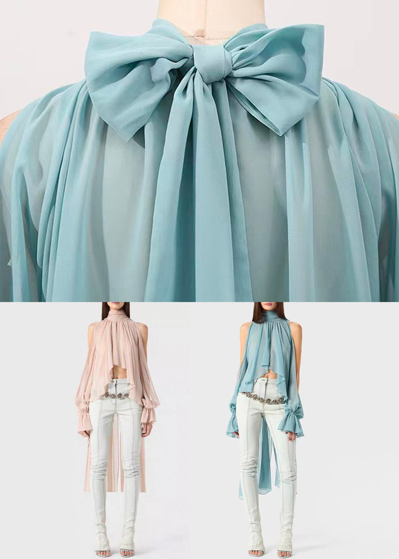 Pink Lace Up Chiffon Fall Shirt Asymmetrical