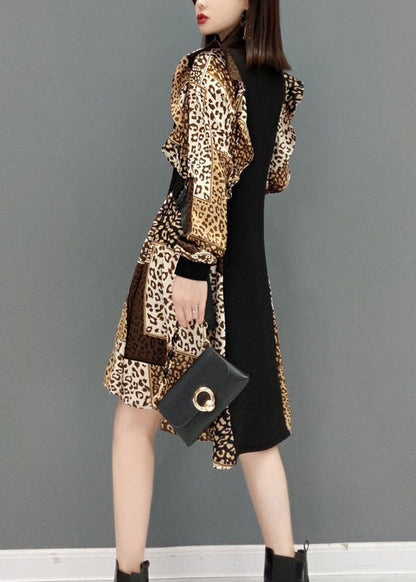 Leopard Print Tie Waist Patchwork Chiffon Dresses Spring