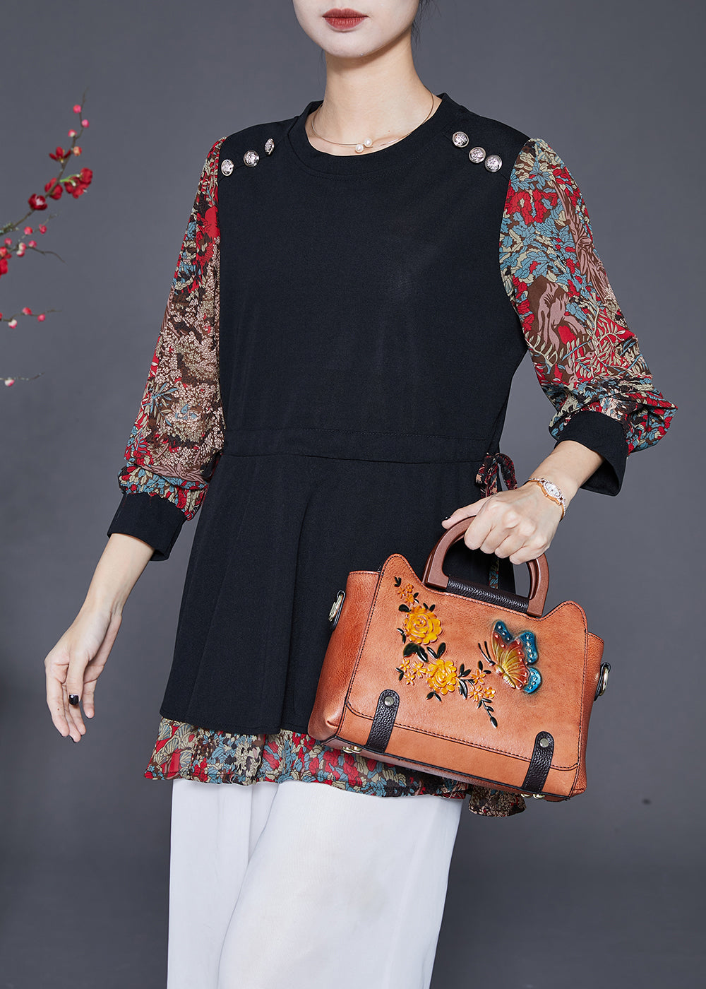 Red Print Patchwork Spandex Fake Two Piece Shirt Fall