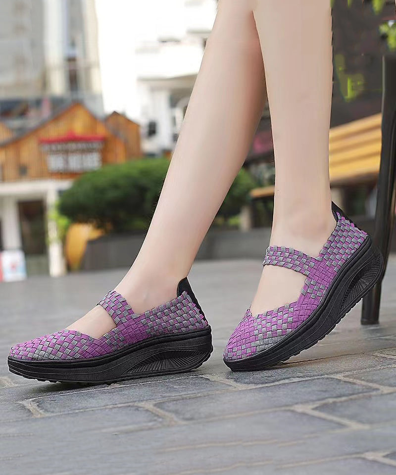 Purple Comfortable Knit Fabric Splicing Wedge Shoes Soofairy Shoes-20251