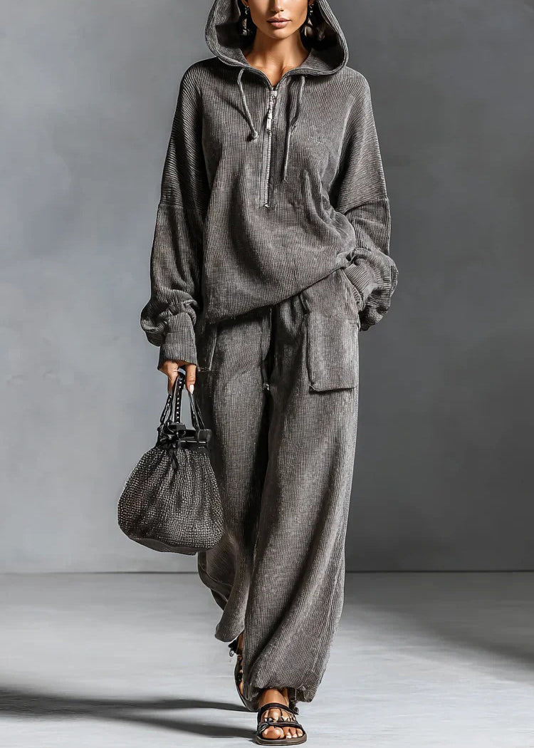 Grey Hooded Zippered Elastic Waist Two Pieces Set Spring
