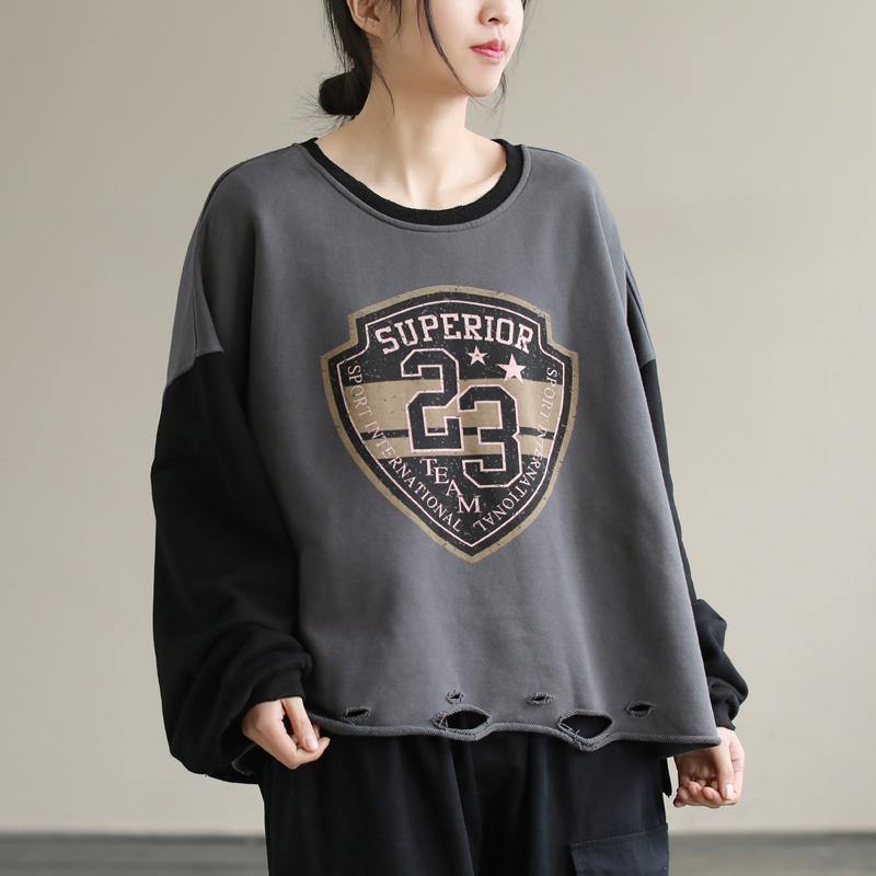 Gray Alphabet Prints Cotton Tunics for Patchwork Daily Spring Top