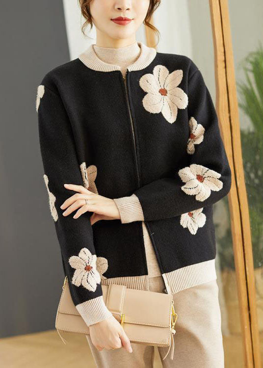 Black Stand Collar Embroideried Woolen Coats Long Sleeve