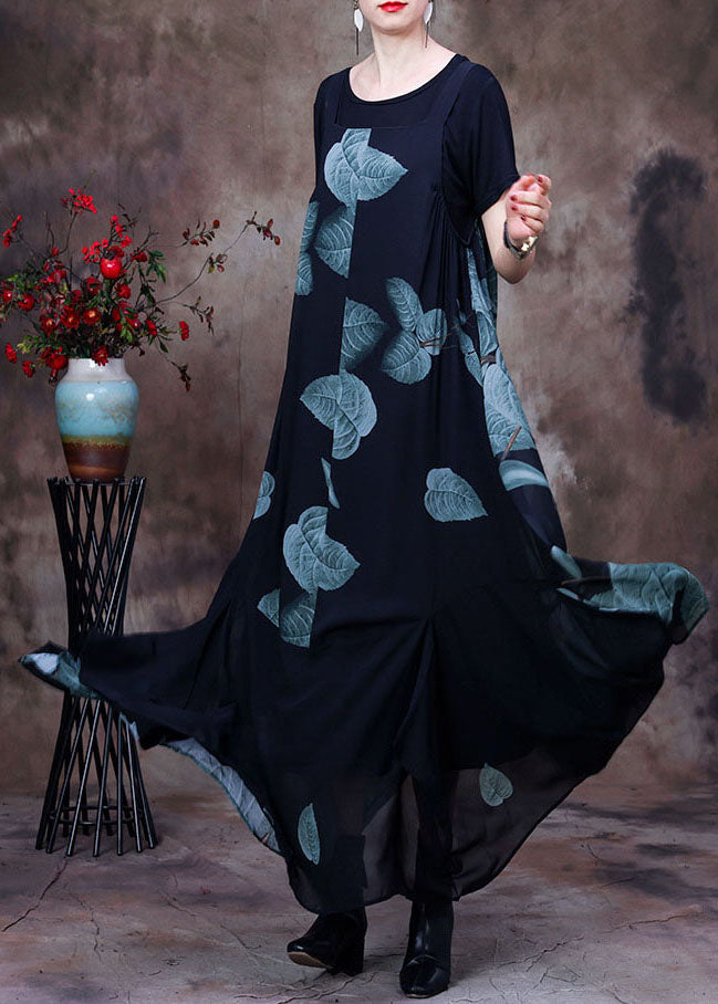 Black Asymmetrical Print Chiffon Strap Dress and Tanks Two Pieces Set Summer