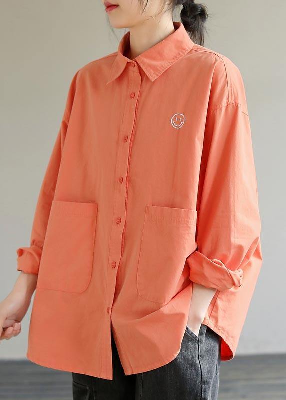 French Lapel Pockets Spring Clothes for Photography Orange Smiling Face Shirts