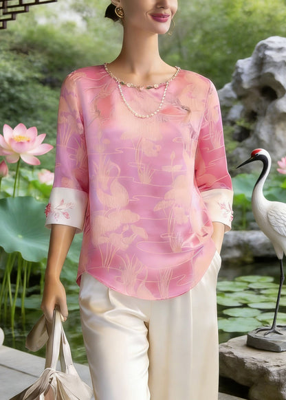 Chinese Style Pink O-neck Print Silk T Shirt Three Quarter Sleeve