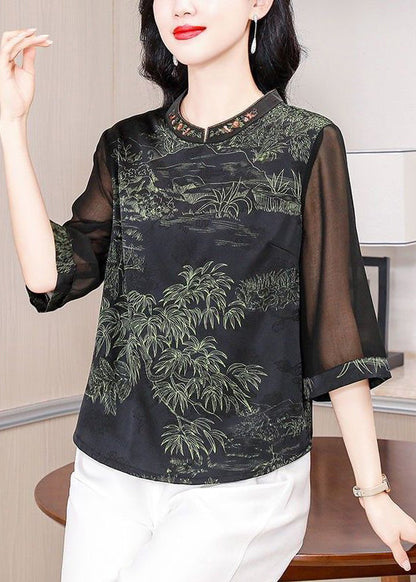 Green Stand Collar Print Silk Top Half Sleeve