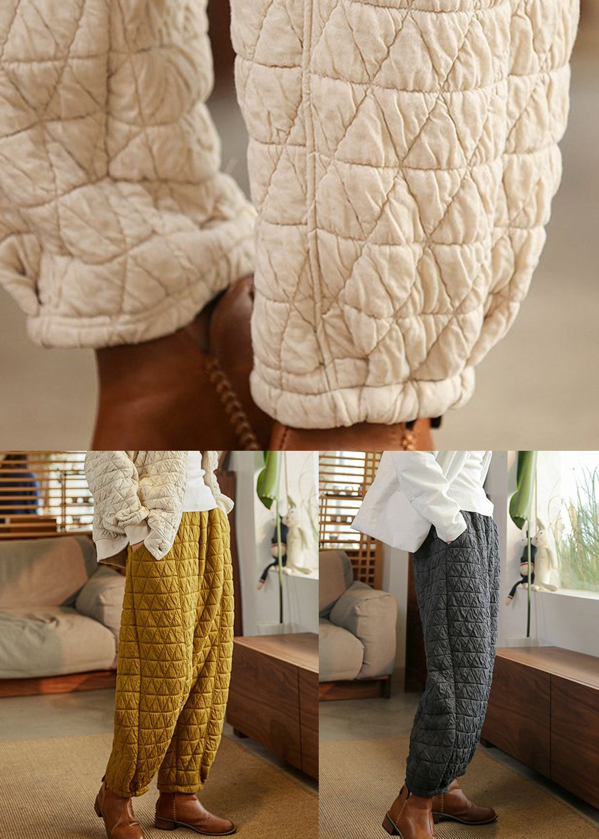 Beige Pockets High Waist Cotton Filled Pants Spring