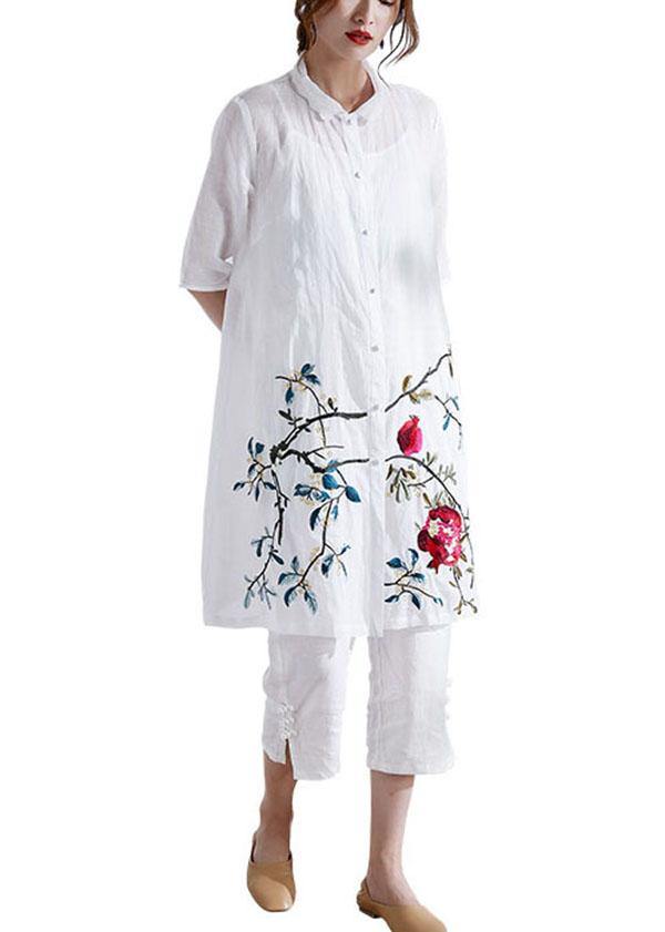 Organic White Button Print Summer Ramie Loose Coat Half Sleeve