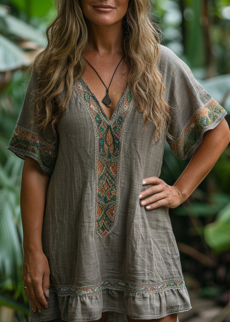 Loose Grey V Neck Print Cotton Mid Dresses Summer
